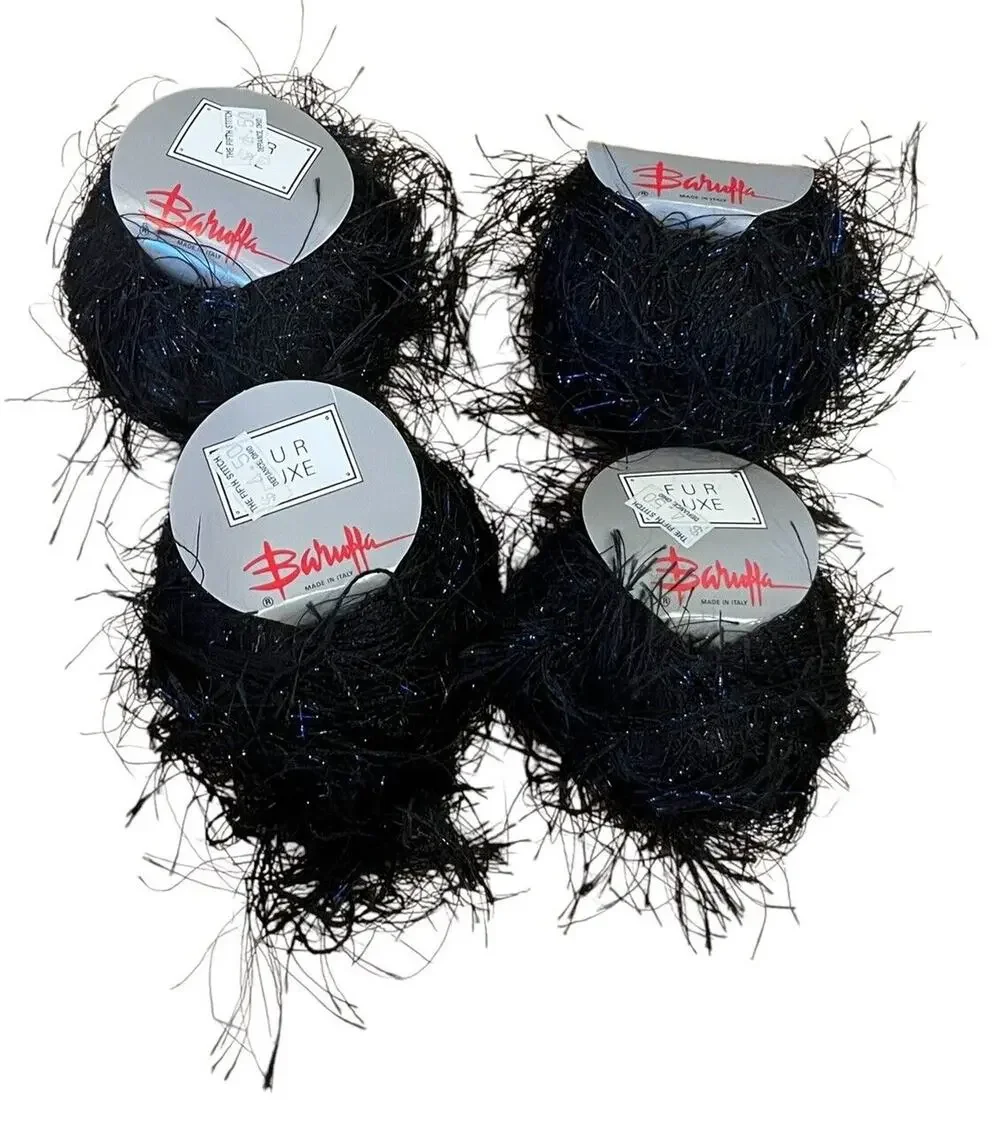 4 Zegna Barioffa Black Eyelash Yarn Crochet Polyester W/ Blue SparkleItaly